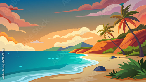 Vector art of a tropical beach scene at sunset with palm trees, gentle waves, and colorful clouds creating a peaceful and inviting vacation destination