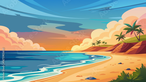 Vector art of a tropical beach scene at sunset with palm trees, golden sand, and gentle waves, creating a relaxing and idyllic vacation spot