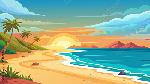 Vector art of a vibrant tropical beach landscape with palm trees, golden sand, and gentle waves under a colorful sunset sky, creating a serene vacation scene