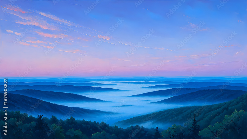 Fototapeta premium Rolling hills covered in mist at sunrise with a soft pink and blue gradient sky
