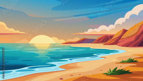 Vector art of a serene coastal landscape featuring a golden sunset over the ocean, with sandy beaches and gentle waves, perfect for a peaceful vacation
