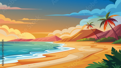 Vector art of a vibrant cartoon beach landscape with palm trees, golden sand, and a colorful sunset over the ocean, perfect for a tropical vacation getaway