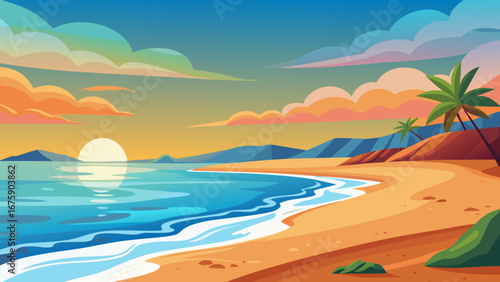 Vector art of a picturesque cartoon beach landscape with palm trees, calm ocean waves, and a colorful sunset, perfect for a relaxing tropical getaway