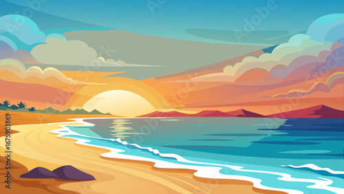 Vector art of a serene cartoon beach scene at sunset, featuring gentle waves, golden sand, and a vibrant sky, ideal for a relaxing tropical vacation