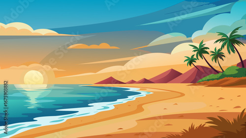 Vector art of a vibrant beach scene at sunset, featuring palm trees, gentle waves, and a colorful sky, evoking a sense of tropical paradise and relaxation