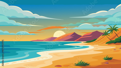 Vector art of a serene beach landscape with a golden sunset, palm trees, and gentle waves lapping the shore, creating a tranquil and idyllic tropical paradise