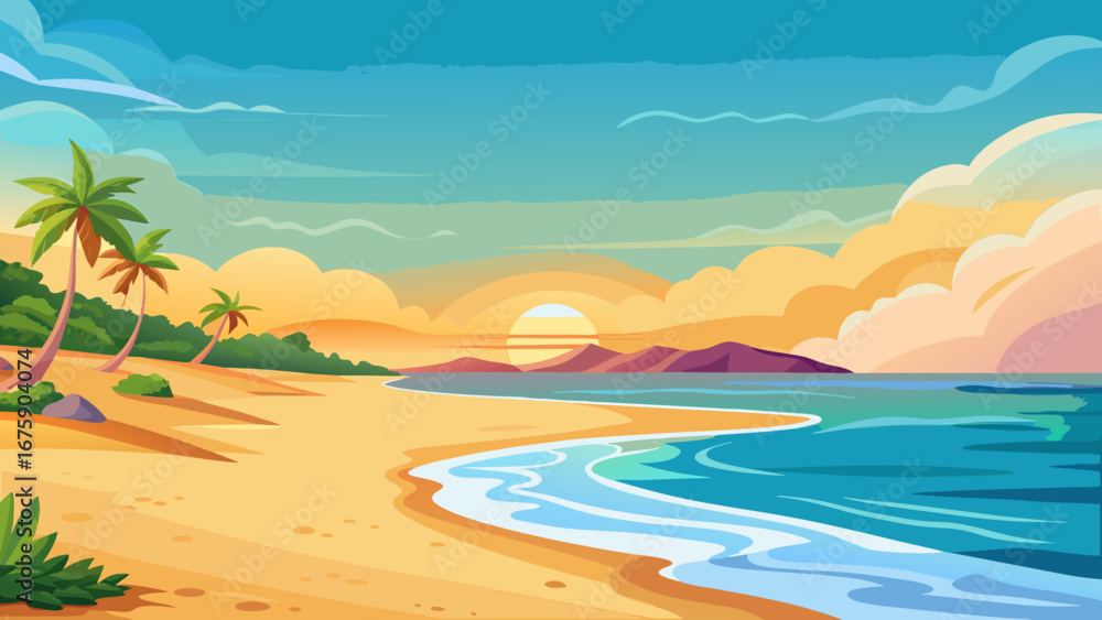 Fototapeta premium Vector art of a vibrant cartoon illustration of a tropical beach at sunrise, featuring palm trees, golden sand, and a serene ocean view