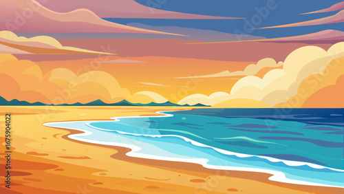 Vector art of a tranquil beach at sunset, with gentle waves lapping the shore under a colorful sky, creating a peaceful and inviting tropical paradise