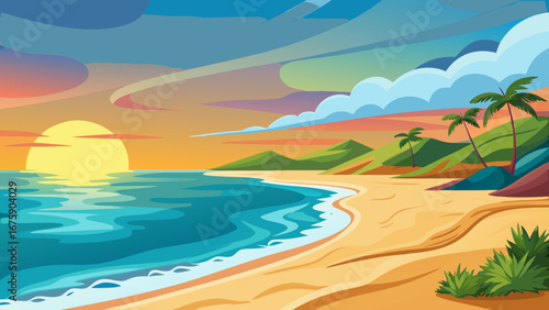 Vector art of a vibrant cartoon illustration of a tropical beach at sunset, featuring palm trees, golden sand, and a serene ocean view