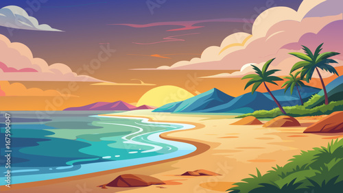 Vector art of a colorful cartoon illustration of a tropical beach at sunset, showcasing palm trees, sandy shore, and a peaceful ocean view