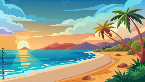 Vector art of beautiful tropical beach landscape at sunset with palm trees, mountains, and a calm sea, creating a serene and idyllic vacation scene
