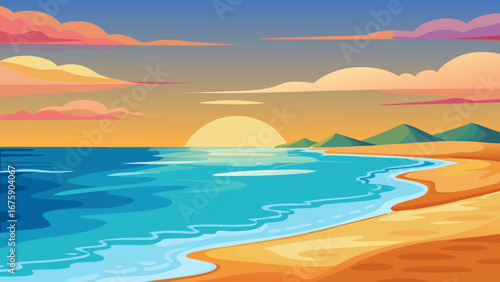 Vector art of a serene beach landscape at sunset with calm sea, sandy shore, and distant mountains, perfect for a peaceful vacation getaway