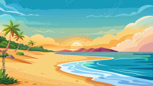 Vector art of a vibrant cartoon illustration of a tropical beach at sunrise, featuring palm trees, golden sand, and a serene ocean view