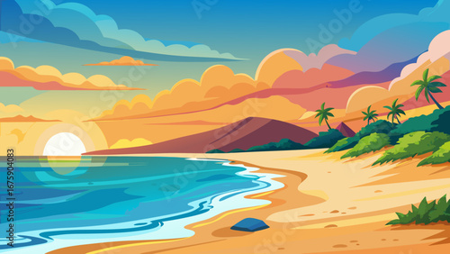 Vector art of a beautiful tropical beach landscape with palm trees at sunset, featuring calm ocean waves and a colorful sky, perfect for a relaxing vacation