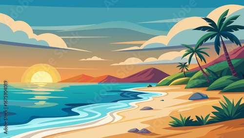 Vector art of a beautiful tropical beach at sunset with palm trees, mountains, and calm water, creating a serene and idyllic vacation scene