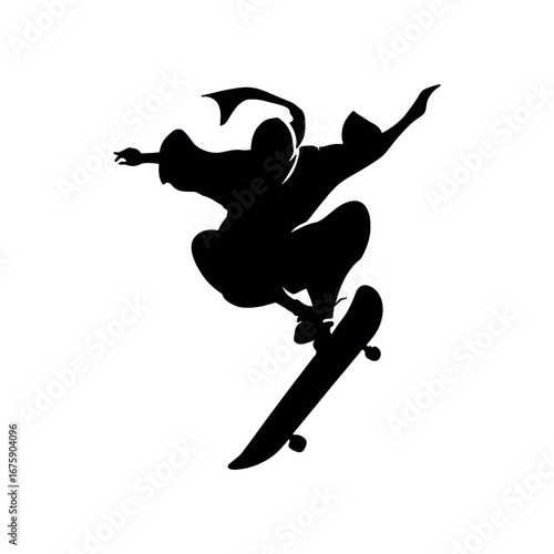 Silhouette of a ninja performing a skateboard trick with arms outstretched and headscarf blowing in the wind