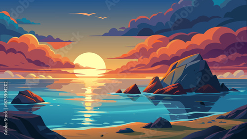 Vector art of a picturesque sunset over the sea with rocky formations, vibrant clouds, and calm waters, evoking a sense of peace and tranquility