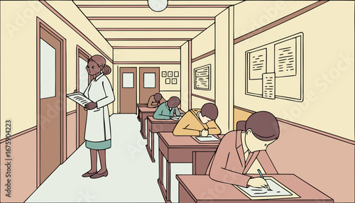 inside view of a Exam hall where teachers examine the whole students  