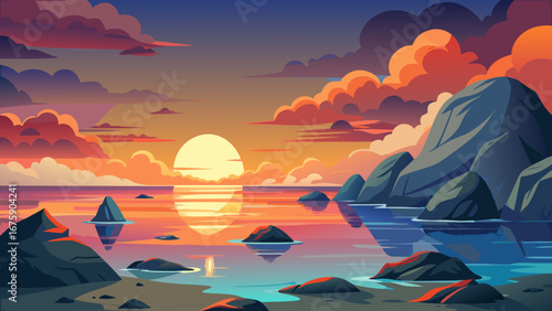 Vector art of a serene sunset over the sea with rocky islands, reflecting the golden light and creating a peaceful and romantic atmosphere, perfect for relaxation