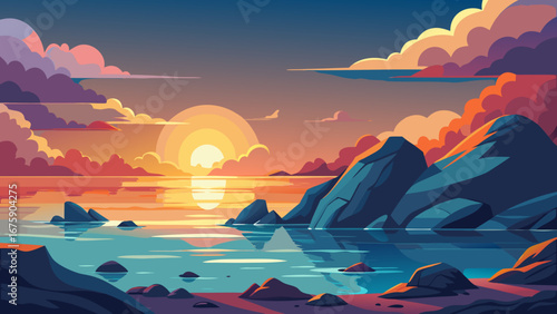 Vector art of a serene sunset over the sea, with rocky cliffs and colorful clouds reflecting in the water, creating a tranquil and picturesque landscape for relaxation