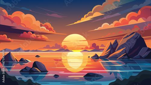 Vector art of a vibrant sunset over the ocean with rocky islands, reflecting sunlight on the water, creating a peaceful and picturesque landscape