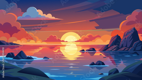 Vector art of a tranquil sunset scene with the suns reflection shimmering on the water, surrounded by rocky formations and colorful clouds