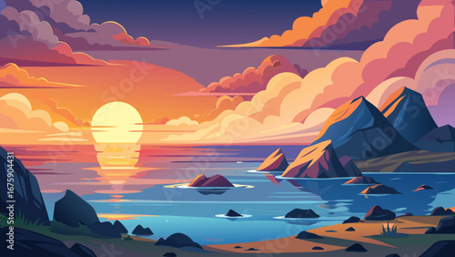 Vector art of a picturesque sunset over the sea, with mountains and rocks adding to the scenic beauty of the landscape, creating a tranquil atmosphere