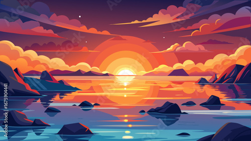 Vector art of a vibrant sunset over the sea, with mountains and rocks reflecting in the water, creating a stunning and serene landscape scene