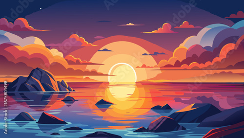 Vector art of a breathtaking sunset over the sea, with colorful clouds reflecting in the calm water and rocks dotting the horizon, creating a serene landscape