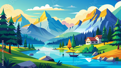 Vector art of picturesque mountain landscape featuring a tranquil lake, lush forest, and cozy house, perfect for a peaceful getaway and outdoor recreation