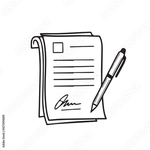 Doodle Icon of a Business Contract and Signature. Doodle Icon Illustration.