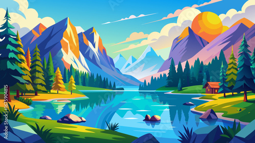 Vector art of a stunning mountain landscape with a serene lake reflecting the sky, trees, and a small house, bathed in warm sunlight on a clear day