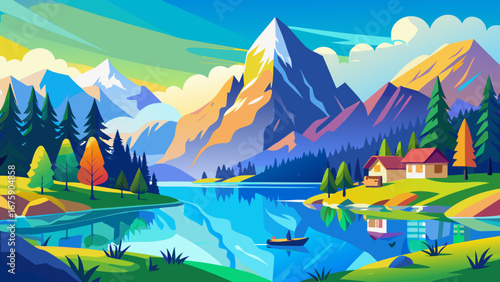 Vector art of a scenic landscape with a lake, mountains, and a small house, showcasing the beauty of nature and the tranquility of the countryside