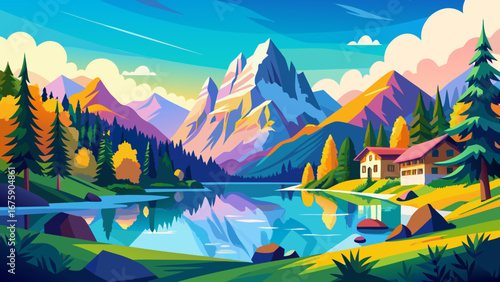 Vector art of a vibrant mountain landscape with a lake reflecting the colorful sky, trees, and a house, creating a peaceful and picturesque scene