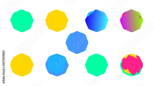 Colorful polygonal shapes arranged on a white background with varying color gradients and solid colors
