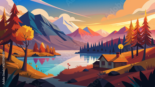 Vector art of an autumnal mountain landscape with a serene lake reflecting the colorful sunset, surrounded by vibrant trees and a cozy cabin, creating a peaceful scene