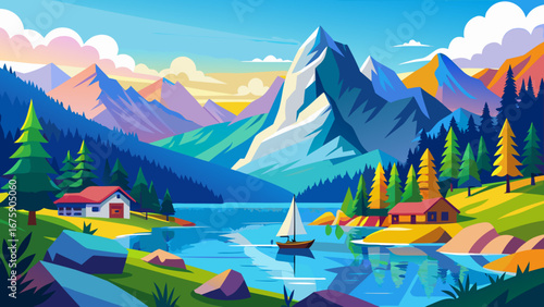 Vector art of a picturesque mountain lake scene with a sailboat gliding across the water, surrounded by lush trees and cozy houses, under a bright blue sky