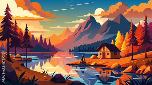 Vector art of a picturesque landscape featuring a tranquil lake reflecting the vibrant colors of the sunset, with mountains, trees, and a cozy cabin nestled on the shore