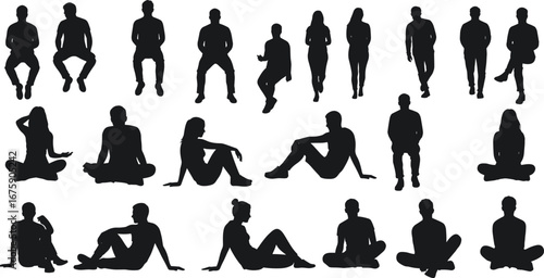 Silhouettes of people in various seated and standing poses, diverse human body shapes and postures, abstract figure silhouettes, minimalist black 