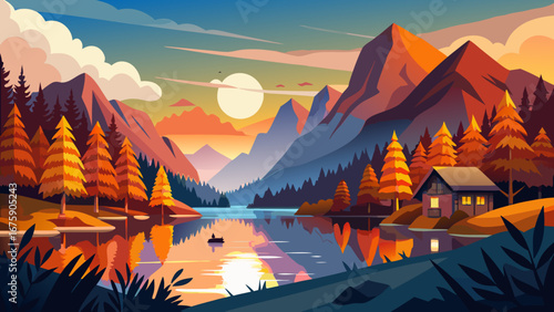 Vector art of a picturesque autumn landscape with mountains, a serene lake reflecting the sunset, a cozy house, and colorful trees creating a peaceful scene