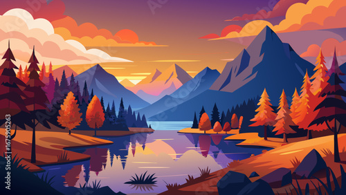 Vector art of vibrant autumn landscape featuring mountains, lake, and sunset, with colorful trees reflecting in the water, creating a serene and peaceful scene