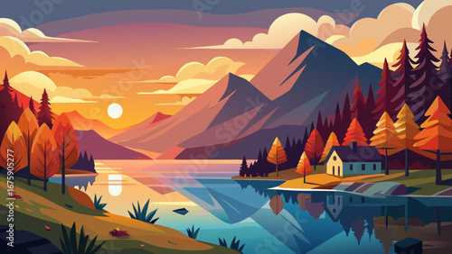 Vector art of a serene autumn landscape featuring mountains, a lake reflecting the sunset, and a cozy house nestled among colorful trees in a peaceful setting