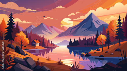 Vector art of picturesque mountain lake landscape at sunset, reflecting the sky and surrounding trees, with a small house adding charm to the serene nature scene