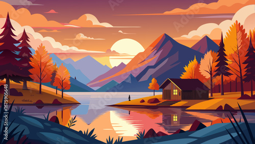Vector art of a picturesque autumn landscape featuring a tranquil lake reflecting the sunset, mountains, and a cozy cabin nestled among colorful trees