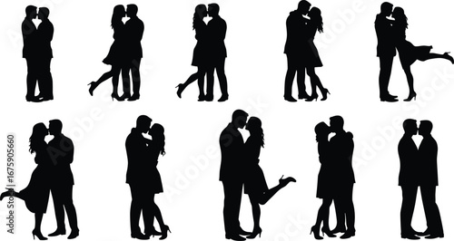 Romantic Couple Silhouette Collection, Love, Kissing, Embrace, Relationship, Affection, Passion, Emotional Connection, Bond, Intimate Moments, Couples in Love, Silhouettes, Romantic Gesture