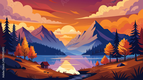 Vector art of a vibrant sunset over a mountain lake with autumn trees, creating a serene and picturesque landscape, perfect for travel and nature enthusiasts