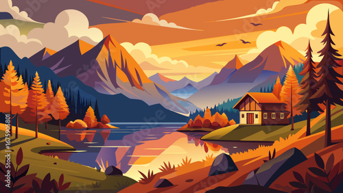 Vector art of idyllic autumn mountain landscape with lake, forest, and cabin at sunset, reflecting the serene beauty of nature in a colorful panorama