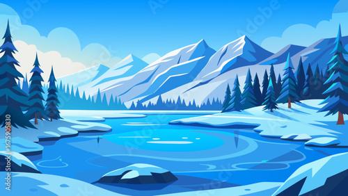 Vector art of a serene winter landscape featuring snowcapped mountains, a frozen lake, and evergreen trees under a clear blue sky, creating a peaceful scene