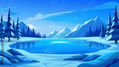 Vector art of a serene winter landscape featuring snowcovered mountains and a frozen lake reflecting the clear blue sky and evergreen trees