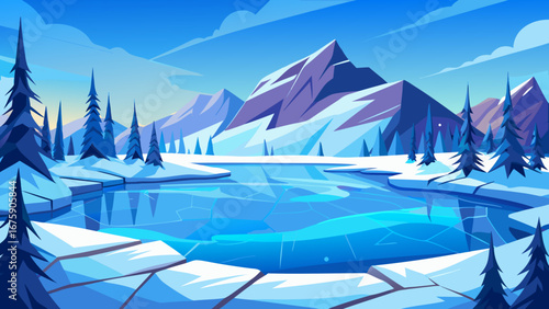 Vector art of a captivating winter panorama featuring majestic snowcapped mountains, a partially frozen lake, and dense pine forests under a bright sky